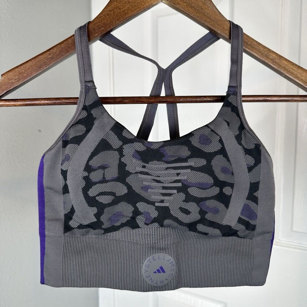 Adidas Stella McCartney Sports Bra Womens Small Grey Purple Leopard Print Padded
